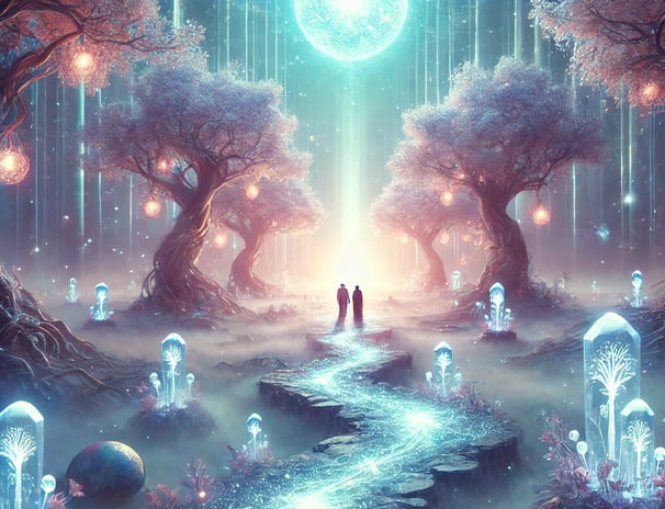 Uma paisagem surreal e etérea representando o tema 'A Senda - Conexão'.