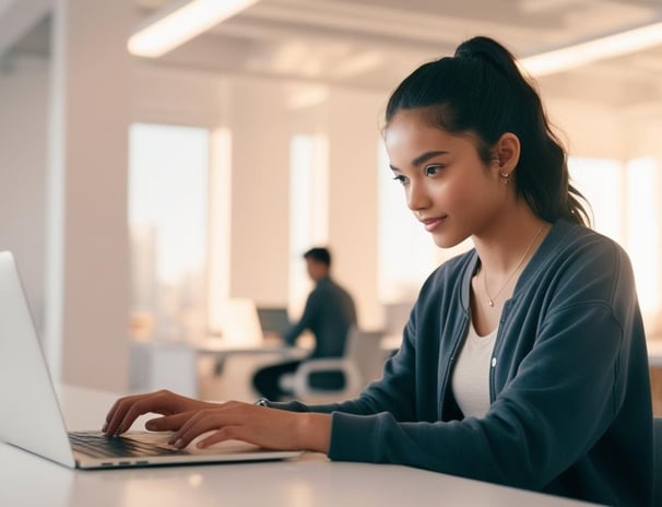 a woman sitting at a desk with a laptop