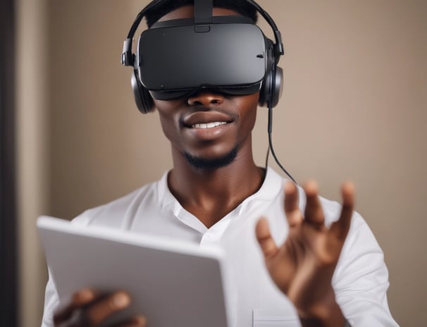 woman in black sweater holding white and black vr goggles