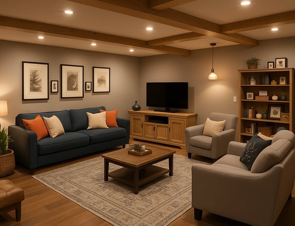 Finished basement living room with wood floors, and family-friendly layout in St. Thomas Ontario.