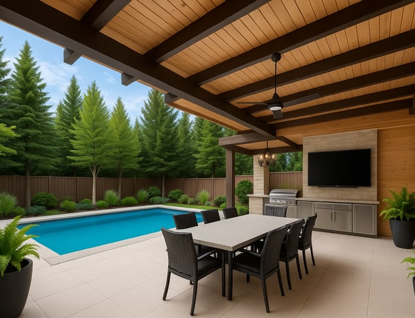 Outdoor patio with pool, dining area, and built-in grill in Byron, London, Ontario.
