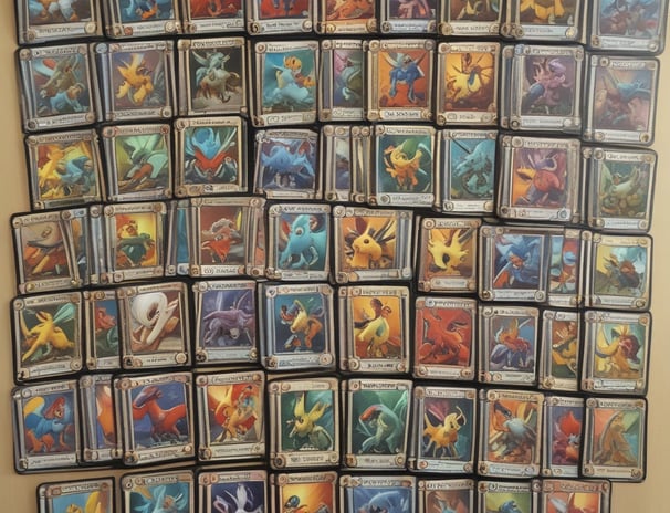 A scattered pile of brightly colored cards with various cartoon characters and numbers is spread out on a wooden table. In the center, an Uno card with distinctive red, blue, yellow, and green design is noticeable.