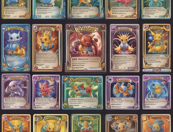 Several collectible cards are displayed in a grid-like pattern within a frame. One prominent card in the foreground features a dragon motif and is labeled 'Curse of Dragon.' The cards are in protective sleeves, and the display appears to be a part of a larger collection.