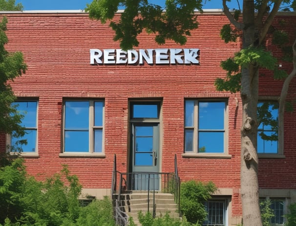 A building with the word  prominently displayed on it is framed by green tree leaves. The sky is a clear blue, creating a contrast against the foliage and the building.
