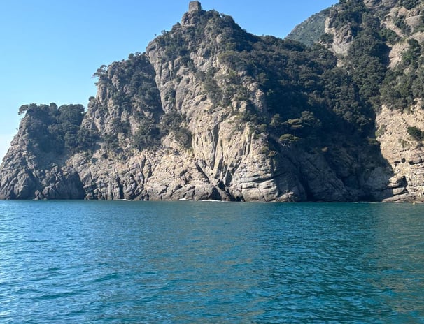 Promontorio di Portofino con mare, rocce e natura.