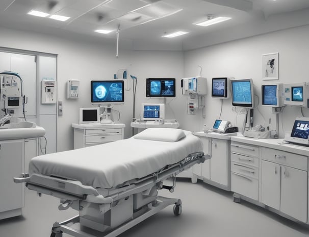 Hands typing on a laptop with a stethoscope resting on the wooden table beside it. The setting suggests a work environment that combines technology with healthcare.