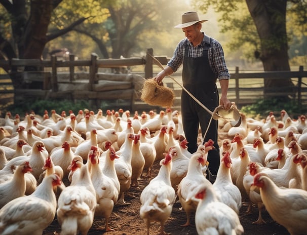 a man in a hat and a hat is holding a bag of chicken