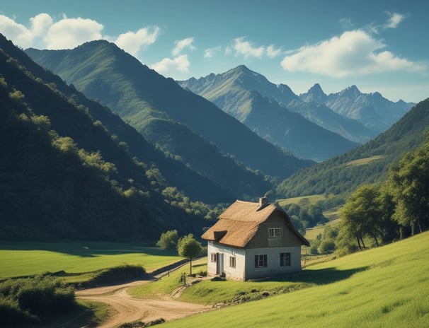 A rustic, stone building with a traditional tiled roof is set in a lush, green landscape. The surrounding area includes dense vegetation, trees, and rolling hills extending into the distance. The atmosphere is serene and idyllic, providing a panoramic view of the countryside with scattered farmhouses and a distant hill range.