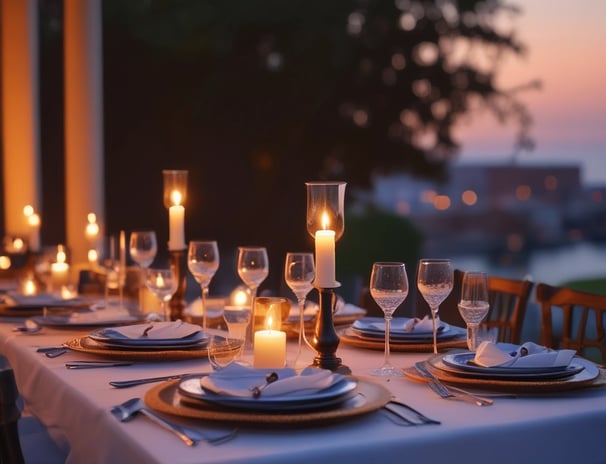 A clear glass filled with ice cubes, bubbly sparkling water, a slice of lemon, and a mint leaf sits on a surface. The background is softly blurred, suggesting a relaxed setting.