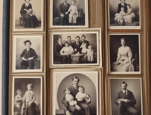 A cheerful family portrait featuring a bearded man with long hair smiling widely, a woman with straight long hair making a playful expression, and a baby with a curious look. They are all dressed in casual attire with light-colored backgrounds suggesting an indoor setting.