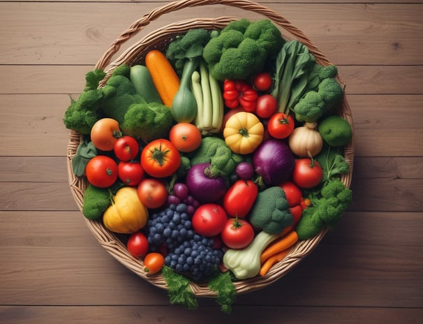 A mesh bag rests on a marble surface, filled with fresh produce and a jar of vegan tzatziki sauce. Inside the bag are cucumbers, greens, a lemon, and a red bell pepper. The jar has a blue label with the brand name 'FABALISH'.