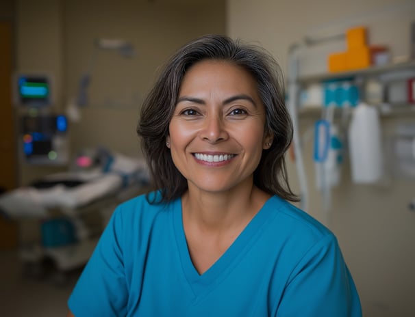 Nurse in blue scrubs sitting in medical room