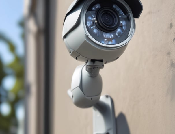 A sleek, modern security camera with a white base and lens casing, highlighted by red and purple lighting, set against a dark background. The camera brand name is visible on the side.