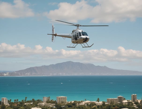 A bright yellow helicopter is flying in the sky, showcasing sleek aerodynamic design with visible registration marks. The helicopter has a single main rotor and a tail rotor.