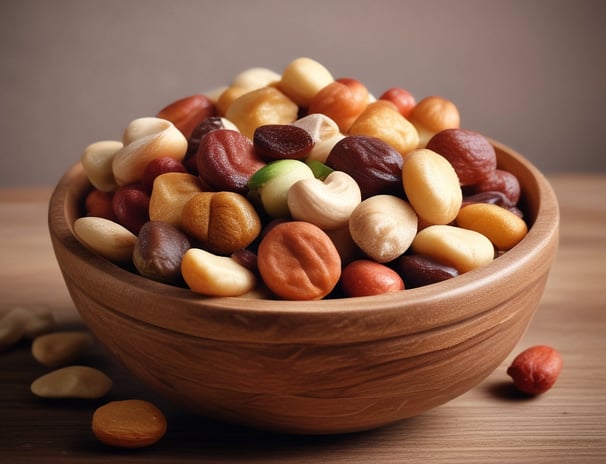 A collection of brown, round seeds or nuts fills a rustic, wooden bowl placed on a wooden surface. The seeds vary slightly in shape and size, and their smooth, glossy surfaces suggest freshness.