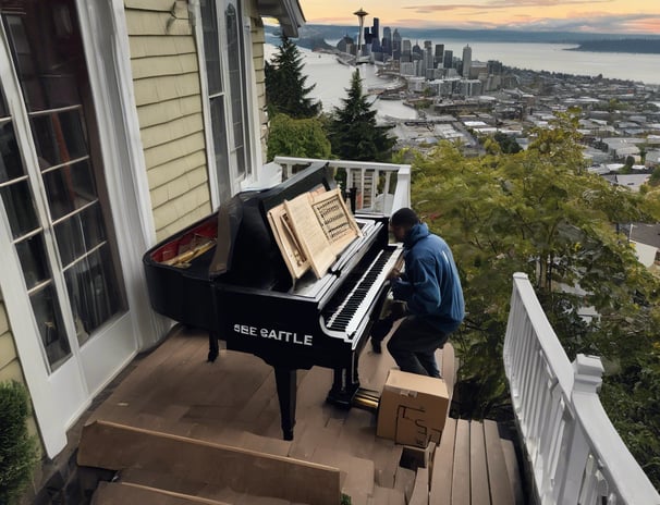 a man playing a piano on a balcony