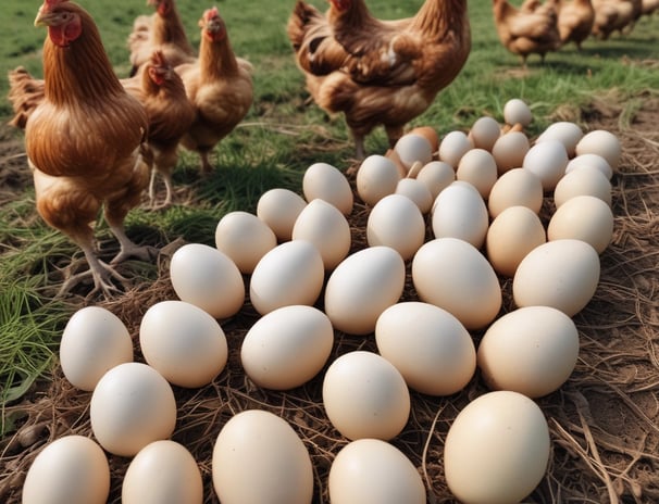 A hand is holding an egg, while other eggs are arranged in a plastic egg tray. The eggs are brown and appear fresh, with a slightly shiny surface.
