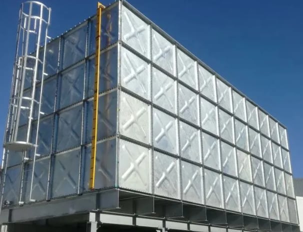 HDG Steel Sectional Water Tank installed above the steel frame for Commercial use