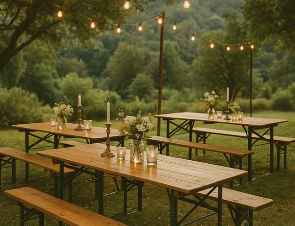 Tables guinguette en bois avec bancs, décorées de bougies et fleurs champêtres sous guirlandes