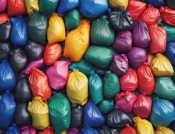 A roll of blue garbage bags with a colorful label. The label displays text in Spanish and French, indicating 40 bags, automatic closure (autocierre), and 30 liter capacity. The background is white.