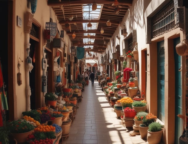 a narrow alley with a variety of potted plants