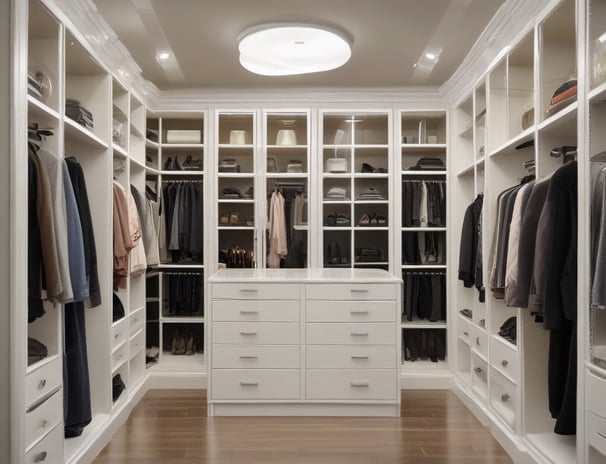 A modern interior with a sleek, glossy cabinet and a display of colorful samples on the wall. The setting is well-lit with natural light coming through a large window, and the decor is minimalistic and polished.
