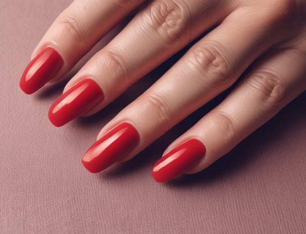 A close-up of a hand with long, natural nails, covered in a glossy, sticky substance. The focus is on the fingers, which are spread apart. In the background, part of a face is visible, slightly out of focus.