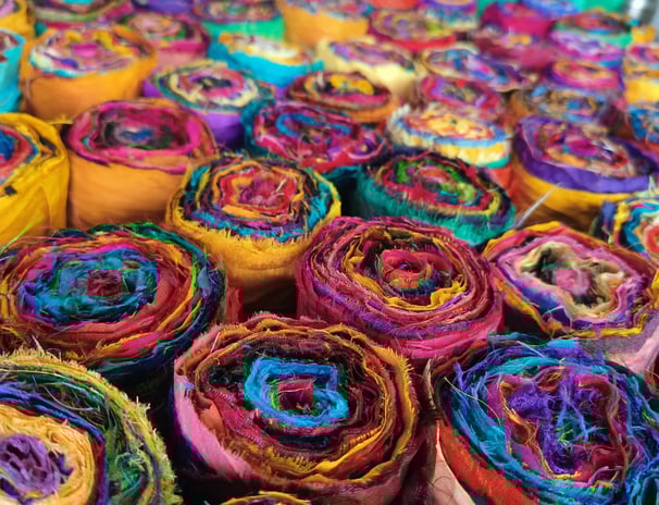 3" recycled sari silk roll, felting, quilting, rug hooking, sari silk, mixed media, evergreen export
