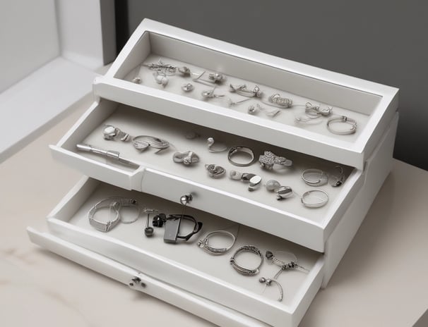 A display of numerous handcrafted rings, each featuring a unique, colorful gemstone set in silver wire wrapping, arranged neatly on a black velvet board. The stones vary in color and pattern, creating an artistic and vibrant presentation.