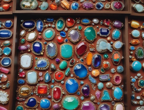 A display of various colorful jewelry pieces, including necklaces, bracelets, rings, and earrings, featuring shades of blue, purple, and green. The items are elegantly arranged on a mannequin and a showcase counter, highlighting the intricate designs and vibrant hues.