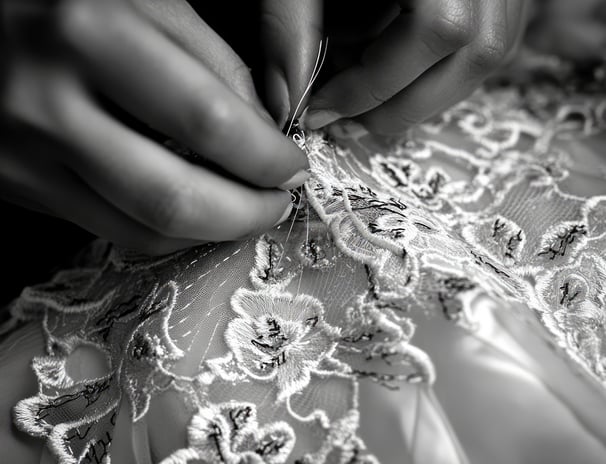 a woman is sewinging a dress with a ring