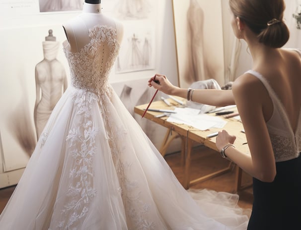 a woman in a wedding dress is standing in front of a mannequine