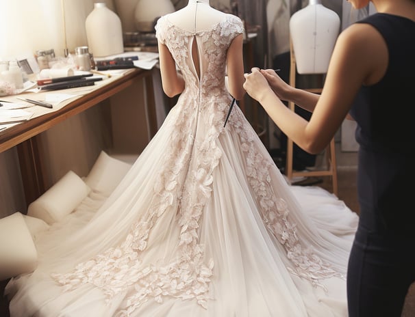 a woman in a wedding dress is standing in a dress