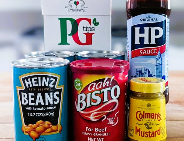 a variety of food items including a can of beans