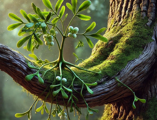the mistletoe plant growing on an oak tree, showcasing its parasitic relationship by extracting wate
