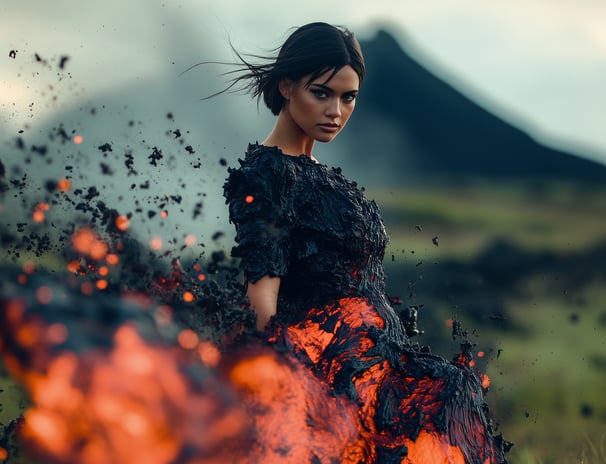 Ai Generated image of a photo model dressed in surreal volcano dress