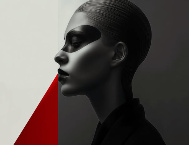 Ai Generated image of a female portrait black and white and piece of a red color