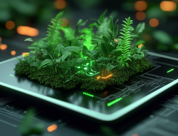 Ai Generated presentation of a small green world on a motherboard