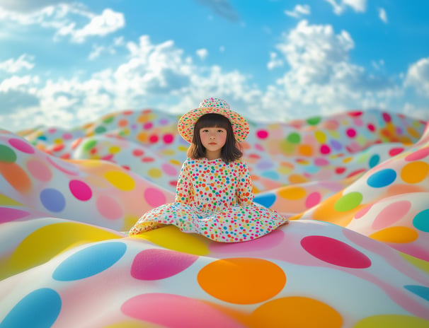 Ai Generated image of a young girl dressed in colorful dotted dress surreal setting