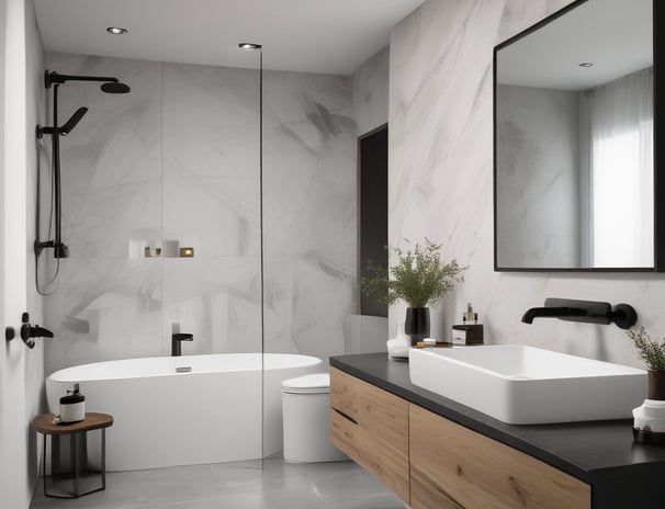 A small bathroom featuring a white toilet with an open lid. Beige tiles cover the walls, and a handheld bidet spray is attached to the wall beside the toilet. The floor is tiled in a light gray color with a small drainage grate near the toilet.