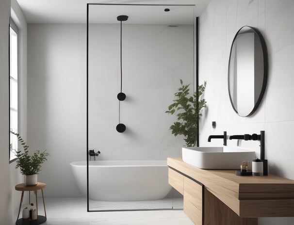 A bathroom setting is visible, featuring a white ceramic basin on a wooden cabinet. There is a large, leafy green plant beside the cabinet. Reflections on the glass suggest this is a window display, with outdoor elements visible, such as trees and a pavement.