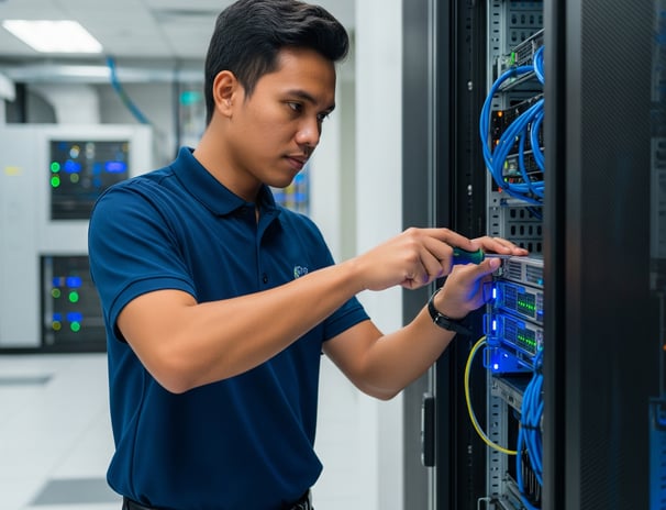 seorang teknisi yang sedang melakukan perbaikin di bagian server