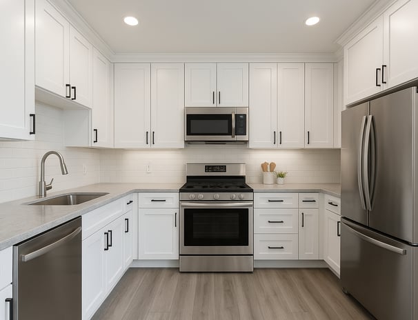 Modern L-shaped kitchen with white shaker cabinets, subway tile backsplash, stainless steel applianc