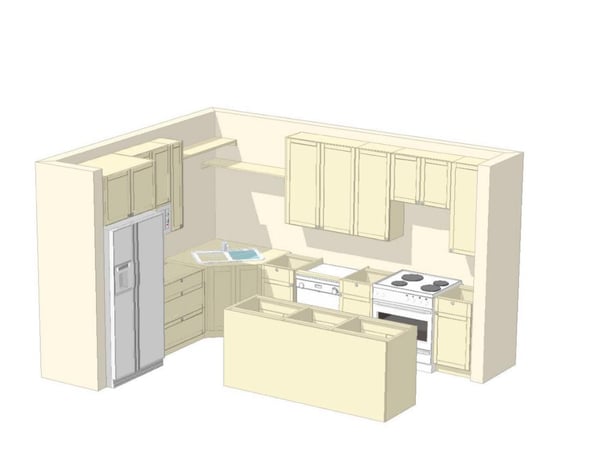 3D rendering of a custom kitchen layout with RTA cabinets, corner base units, tall pantry, and islan