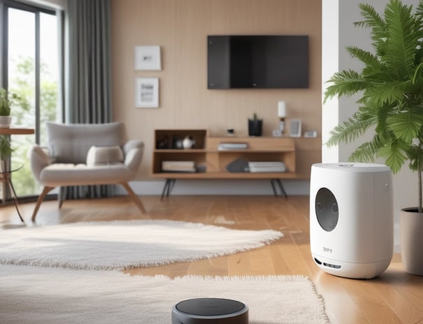 A security camera with a sleek, cylindrical design is illuminated with blue and red lighting. The brand name 'Briton' is visible on the side of the camera. The camera lens reflects a bright blue light, contrasting sharply against the dark background.