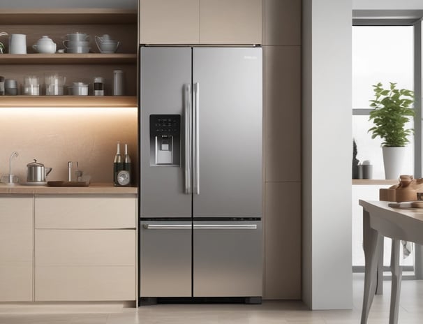 a kitchen with a refrigerator and a counter top