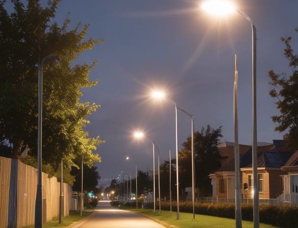 A modern streetlight with a curving pole that includes both a lamp and a solar panel set against a clear sky background. The design is sleek and minimalistic, capturing an innovative and environmentally friendly urban aesthetic.