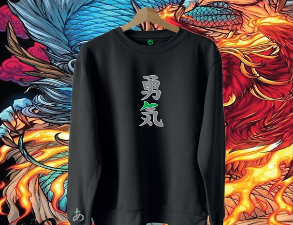 Sweat noir broder en calligraphie Japonaise grise, blanche et verte