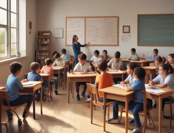 A classroom setting with children sitting at desks and an adult woman standing and interacting with them. The classroom has posters and decorations on the walls, including an alphabet and numbers chart, and a chalkboard with instructions. The woman is holding some items in her hands and seems to be engaging with the children, who are looking at her attentively.