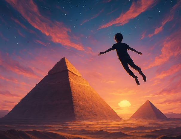 Child flies over pyramids at sunset—Redurb Dream Guides decodes ancient dream symbolism.